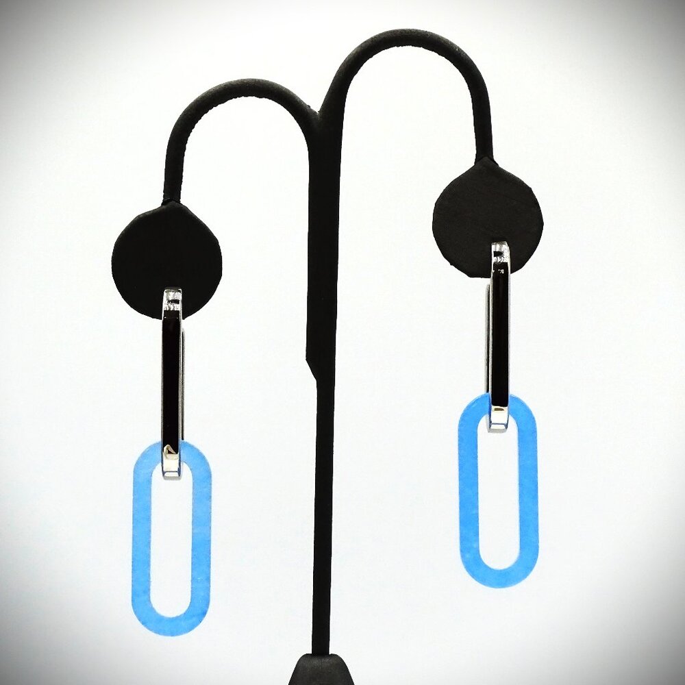 BURBERRY Two-in-One Rhodium Plated Blue Resin Convertible Dangle Earrings - Picture 1 of 12